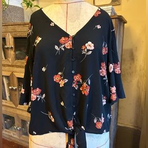 Lush floral button up blouse with flowy form & butterfly sleeves